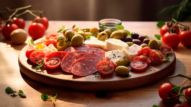 Piatto di antipasti con salame olive formaggio e pomodori