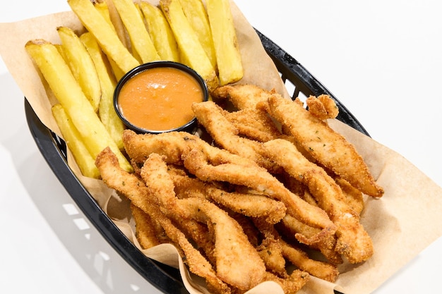 piatto di bastoncini di pollo, patatine fritte e salsa barbecue