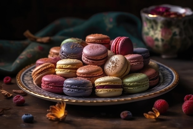 Piatto di bellissimi macarons in una varietà di sapori Alta cucina Generative AI