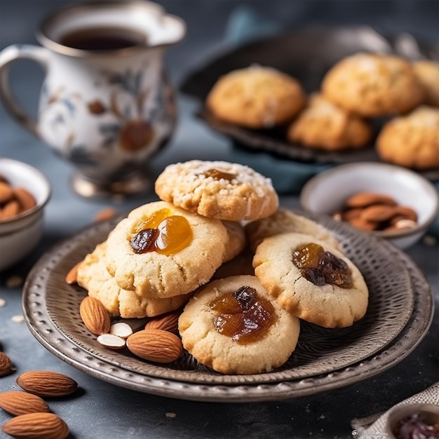 Piatto Di Biscotti Con Una Tazza Di Mandorle