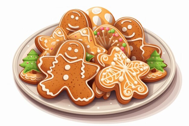 Piatto di biscotti natalizi con pan di zenzero Biscotto in stile cartone animato su sfondo bianco generato dall'intelligenza artificiale