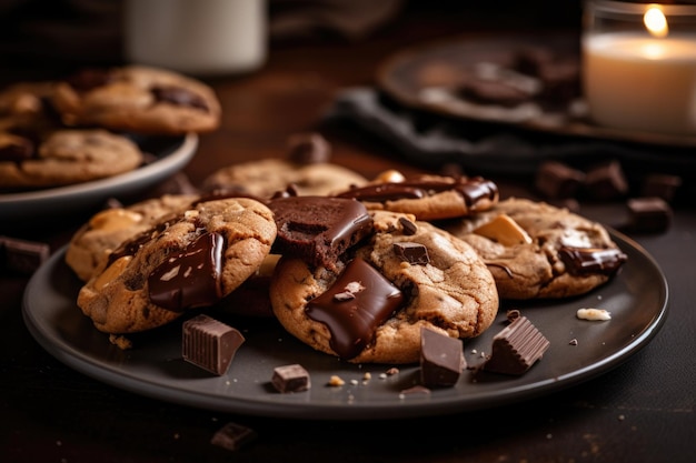 Piatto di biscotti ricoperti di cioccolato e spezzati in pezzi creati con intelligenza artificiale generativa