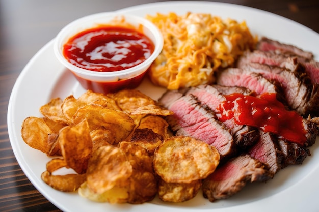 Piatto di bistecca condita con hashbrown e lato di ketchup