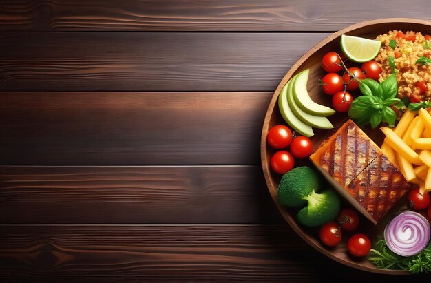 Piatto di bistecca di salmone alla griglia con verdure sul tavolo di legno vista dello spazio di copia