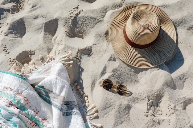 piatto di cappello di paglia occhiali da sole asciugamano da spiaggia sullo sfondo di spiaggia sabbiosa