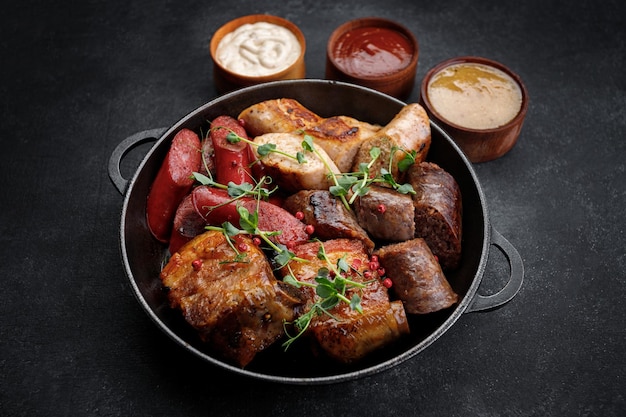 Piatto di carne fritta in padella e salse salsicce costolette salsiccia di pollo salsiccia di maiale su sfondo nero