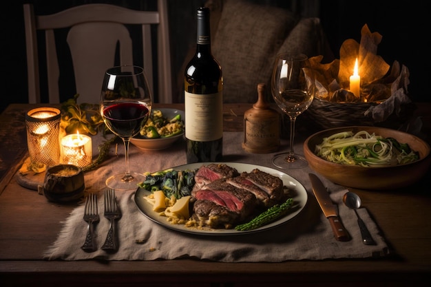 Piatto di cibo con vino e candele sul tavolo IA generativa