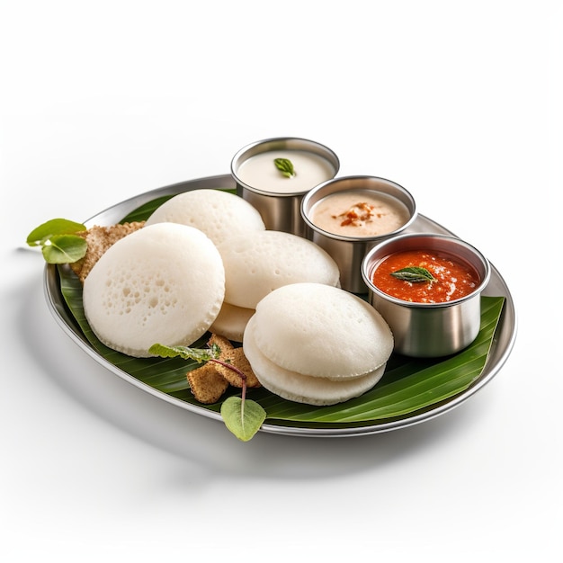 Piatto di cibo indiano idli con contenitori di chutney isolati su sfondo bianco