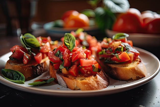 Piatto di crostini croccanti conditi con bruschette pomodori e basilico