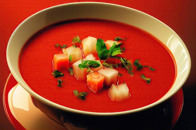 Piatto di deliziosa zuppa di gazpacho brillante di pomodori freschi con crostini dorati