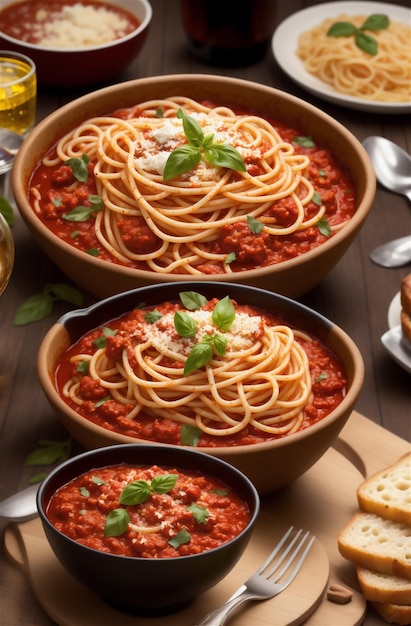 Piatto di deliziosi spaghetti alla bolognese o alla bolognese con carne macinata saporita e salsa di pomodoro