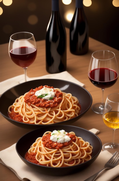 Piatto di deliziosi spaghetti alla bolognese o alla bolognese con carne macinata saporita e salsa di pomodoro