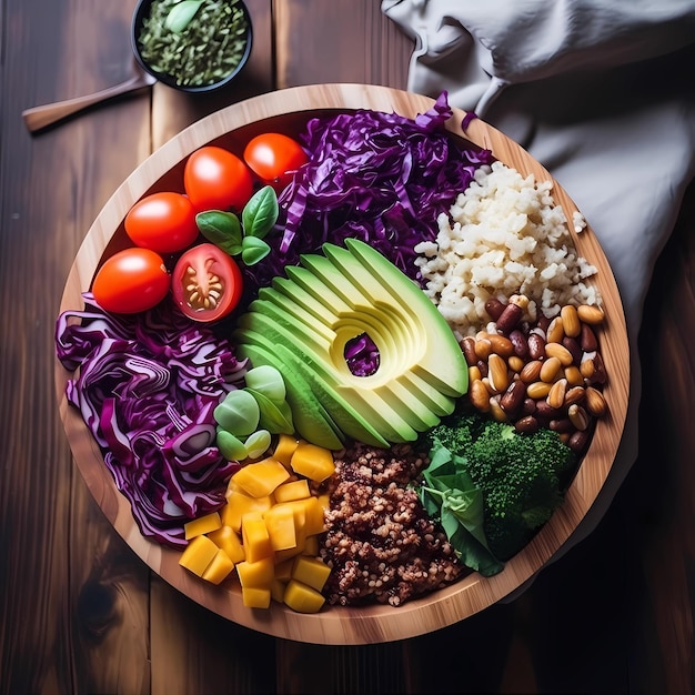 Piatto di diverse verdure pomodori cavoli cereali avocado Mango grano saraceno cibo sano veganismo