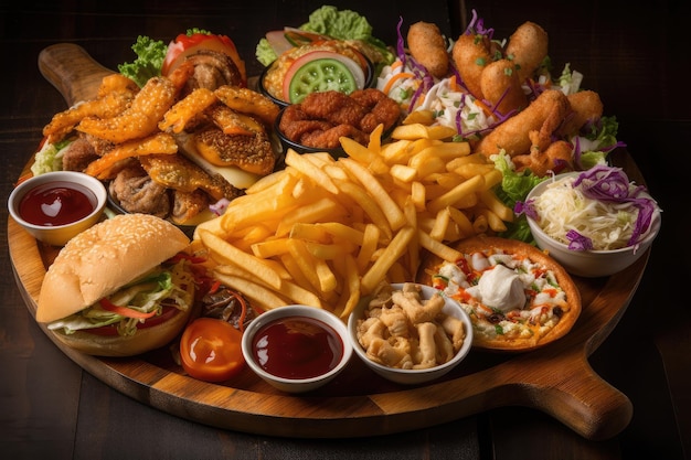 Piatto di fast food internazionale che mostra diverse varietà di piatti diversi