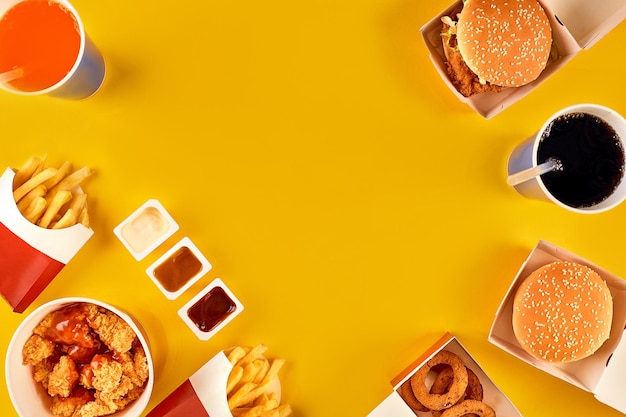 Piatto di fast food vista dall'alto Hamburger di carne patatine e spicchi Composizione da asporto Patatine fritte hambu