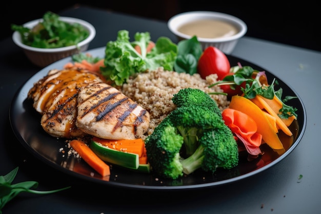 Piatto di fitness colorato con verdure di quinoa di pollo e succo rinfrescante generativo IA