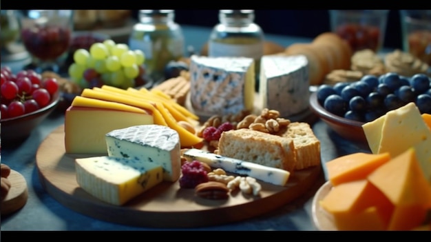 Piatto di formaggi con noci d'uva e miele su un tavolo di legno