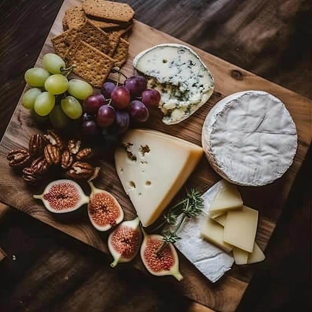 Piatto di formaggi con uva fichi noci e cracker