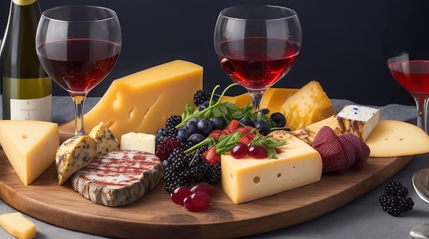 Piatto di formaggi gourmet con bicchieri di vino