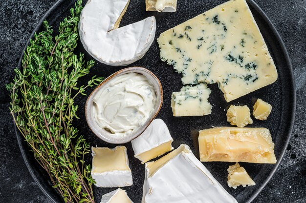 Piatto di formaggio francese. Camembert, Brie, Gorgonzola e crema di formaggio blu.