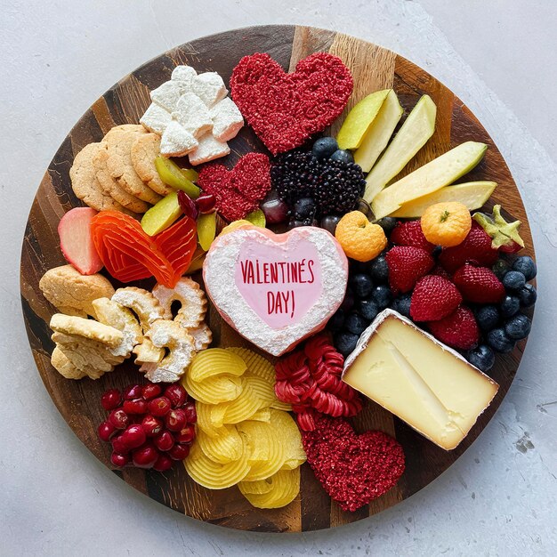 Piatto di formaggio o snack per il giorno di San Valentino con biscotti e frutta