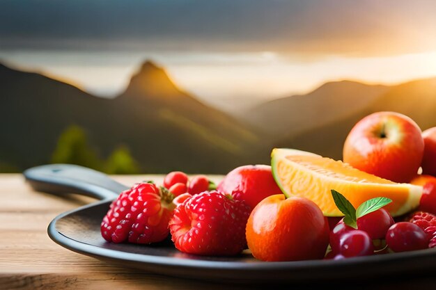 piatto di frutta con una montagna sullo sfondo