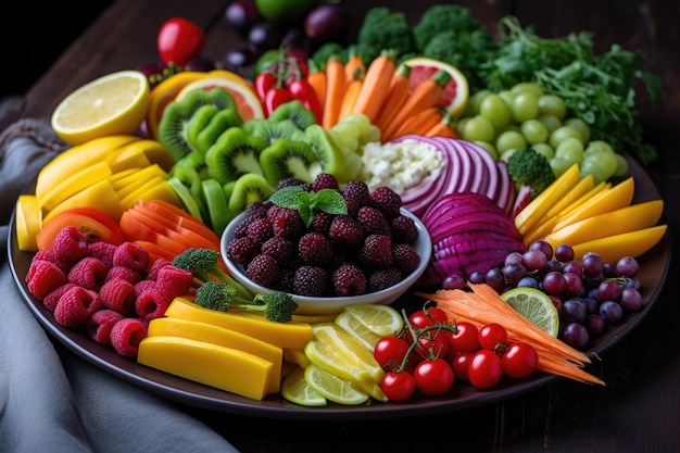 Piatto di frutta e verdura colorata creato con intelligenza artificiale generativa