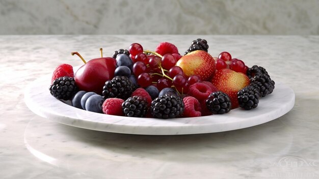 Piatto di frutta fresca sul tavolo del banchetto presso la sede di eventi aziendali o nuziali Self service AI generativa