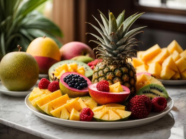 piatto di frutta tropicale colorato con una varietà di frutti