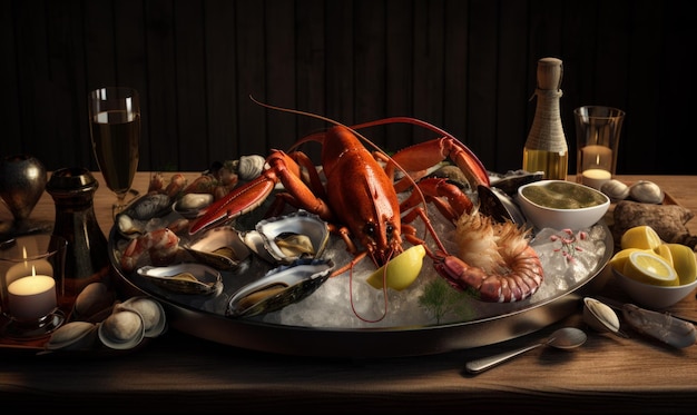 Piatto di frutti di mare con conchiglie di aragoste Un piatto di argoste, vongole, limoni e vino su un piatto