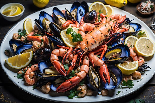 piatto di frutti di mare con gamberi cozze aragoste servite con limone