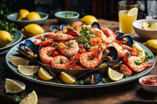 piatto di frutti di mare con gamberi cozze aragoste servite con limone