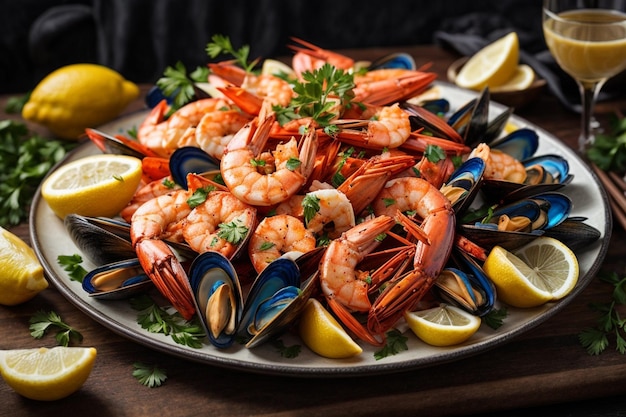 piatto di frutti di mare con gamberi cozze aragoste servite con limone