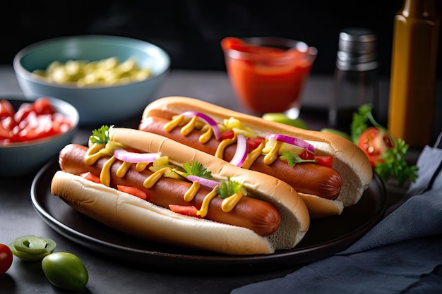 Piatto di hot dog e condimenti pronti da mangiare