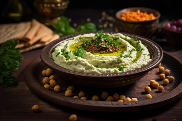 Piatto di hummus arabo con piselli