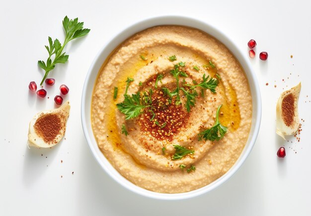 Piatto di hummus in un piatto sullo sfondo del tavolo Piatti di ceci un piatto vegetariano