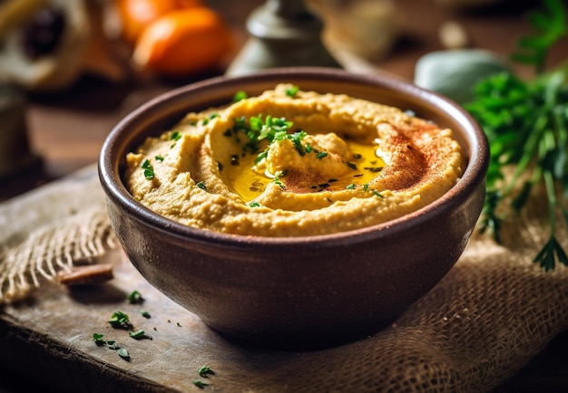 Piatto di hummus in un piatto sullo sfondo del tavolo Piatti di ceci un piatto vegetariano