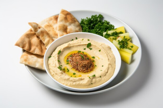 Piatto di hummus libanese su sfondo bianco