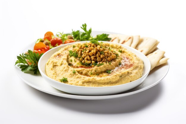 Piatto di hummus libanese su sfondo bianco