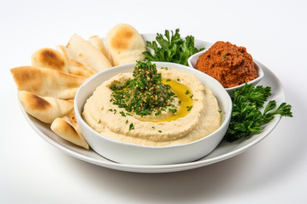 Piatto di hummus libanese su sfondo bianco