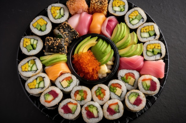 Piatto di involtini di sushi vegani colorati e appena fatti creati con intelligenza artificiale generativa