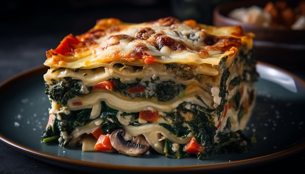 Piatto di lasagne al forno con fetta di mozzarella fresca generata da AI