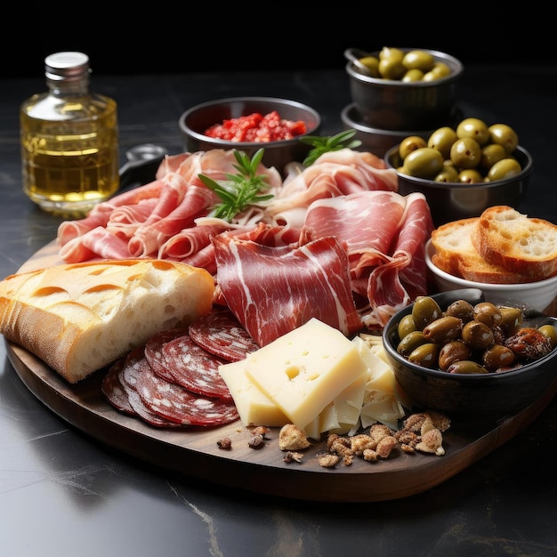 Piatto di legno con carne e olive