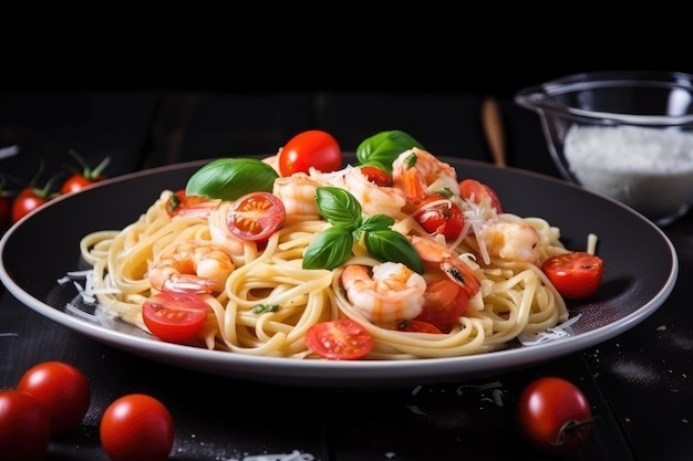 Piatto di linguine con gamberi e pomodorini