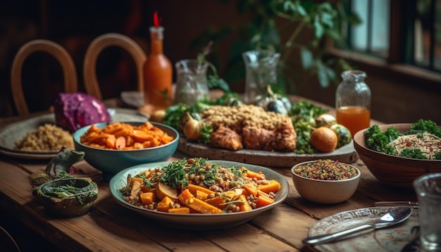 Piatto di manzo e verdure alla griglia con patatine fritte fatte in casa generate da AI