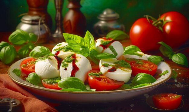 Piatto di mozzarella e pomodori con sopra il basilico Generative AI