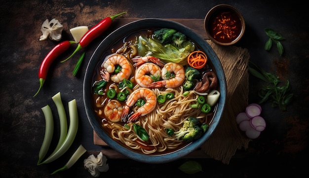 Piatto di noodle asiatici con gamberetti e verdure