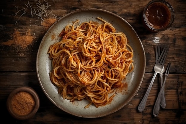 Piatto di pasta con salsa di pomodoro o filetto servito su un tavolo rustico IA generativa