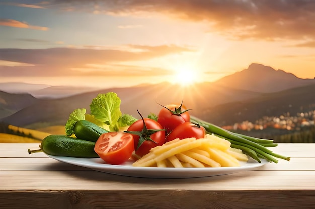 piatto di pasta con un tramonto sullo sfondo