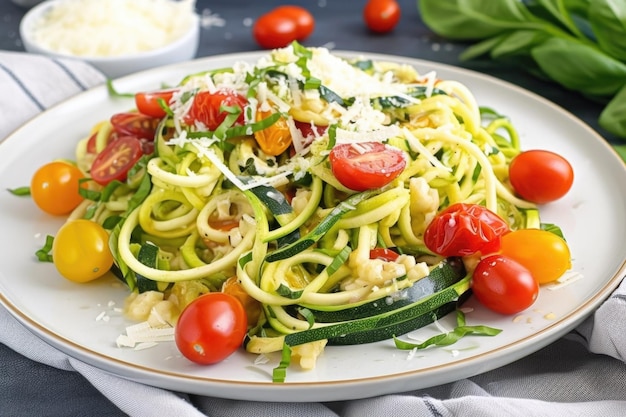 Piatto di pasta di zucchine condita con pomodori cimelio e parmigiano creato con ai generativo